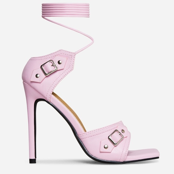 Pink square toe silver buckle ankle strap lace up sandal heels - Picture 5 of 5